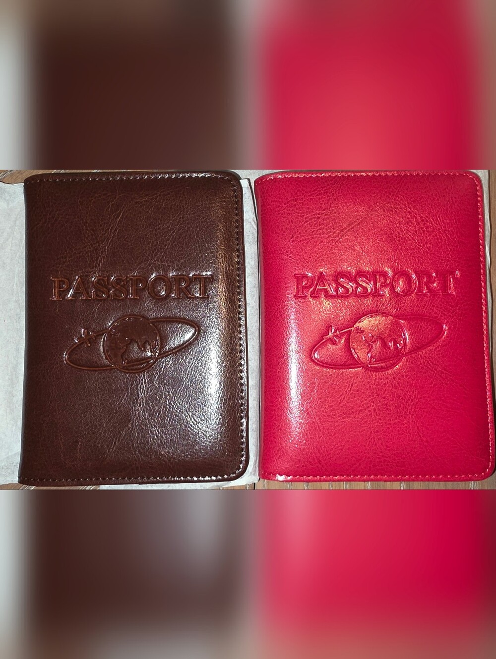 NEW Set of Two (2) Embossed Passport Cover Brown & Red
